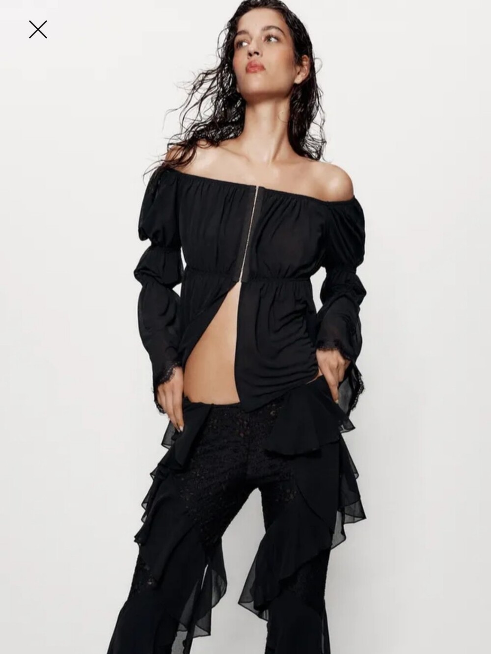 Zara Black Peasant Off Shoulder Blouse Top NWT Medium Goth Punk Streetwear